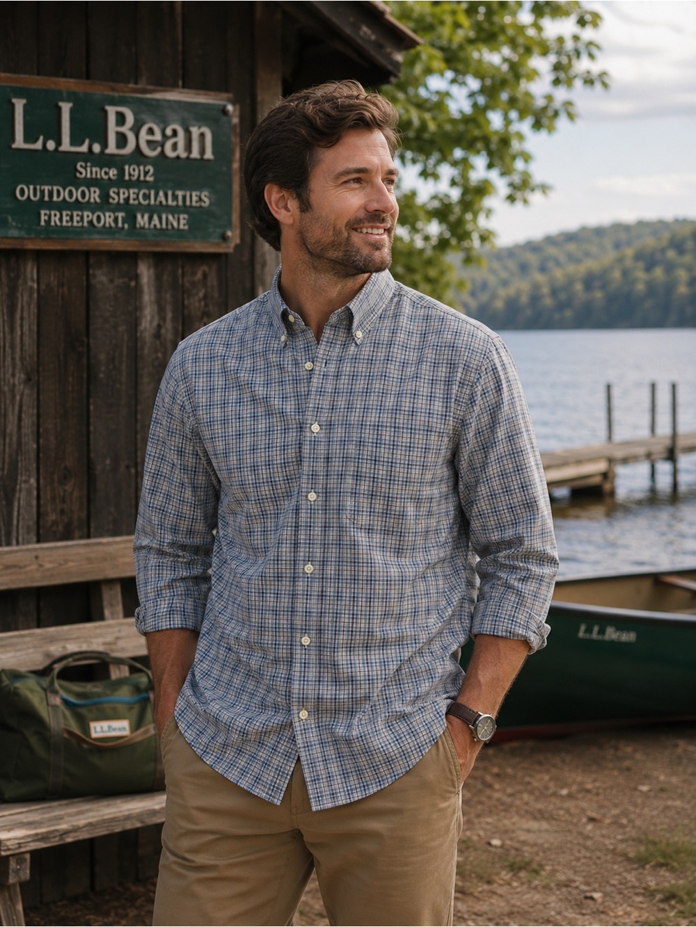 L.L. Bean Men's 100% Cotton Classic Blue Checkered Button Down Shirt